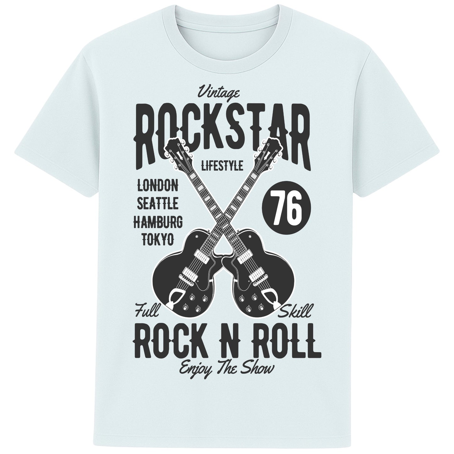 Blue Ice colour Vintage Rockstar Rock N Roll T-Shirt with crossed electric guitars and a retro rock graphic, a classic rock t-shirt for music lovers, guitarists, concerts, and festival wear.