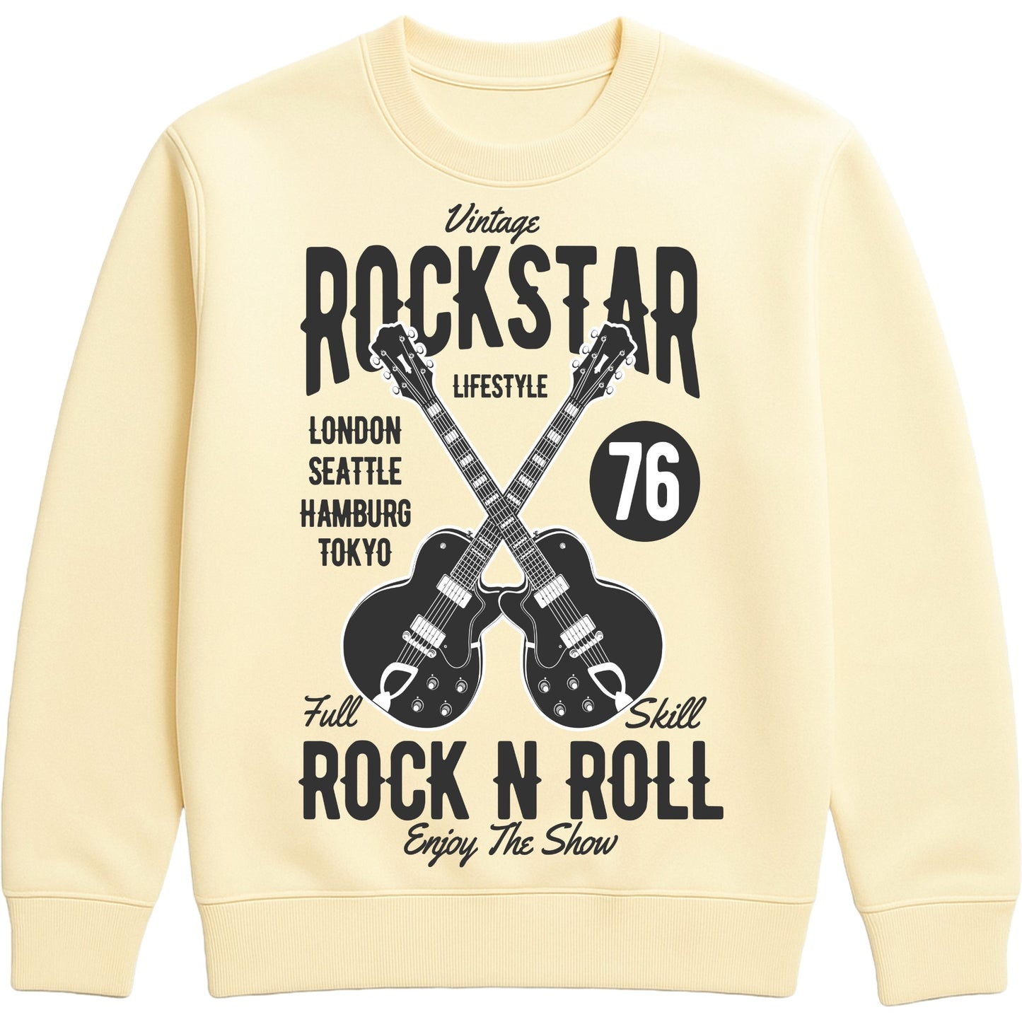 Vanilla milkshake colour vintage rockstar sweatshirt with bold retro guitar graphic and tour-inspired design, perfect for laid-back street style vibes.
