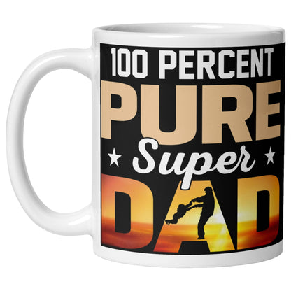 Coffee mug featuring the words "100 Percent Pure Super Dad" and a silhouette of a father swinging his child at sunset. A thoughtful Father's Day gift for dads.