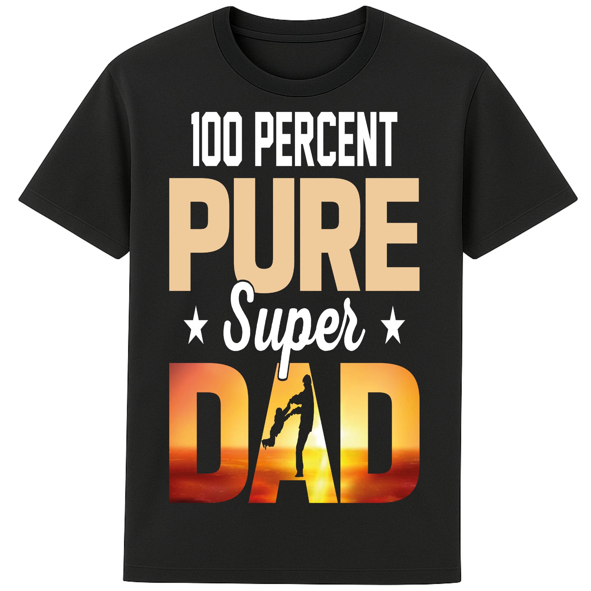 Black t-shirt with '100 Percent Pure Super Dad' text and graphic