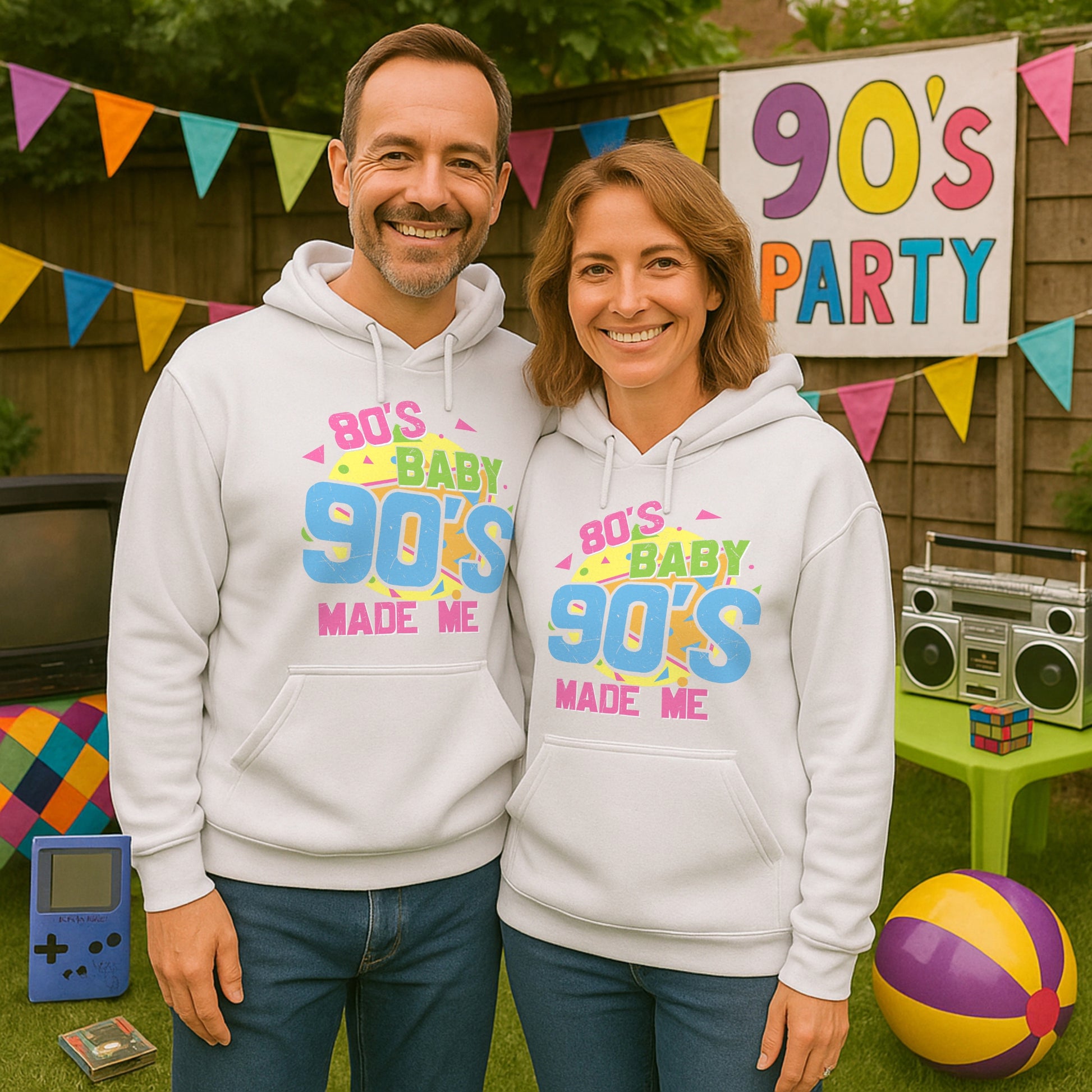Two people wearing matching '80s Baby 90s Made Me' hoodies at a 90s party.