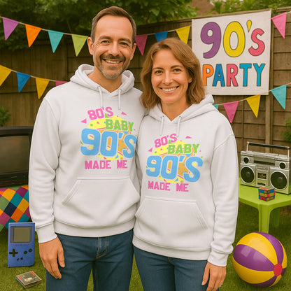 Two people wearing matching '80s Baby 90s Made Me' hoodies at a 90s party.