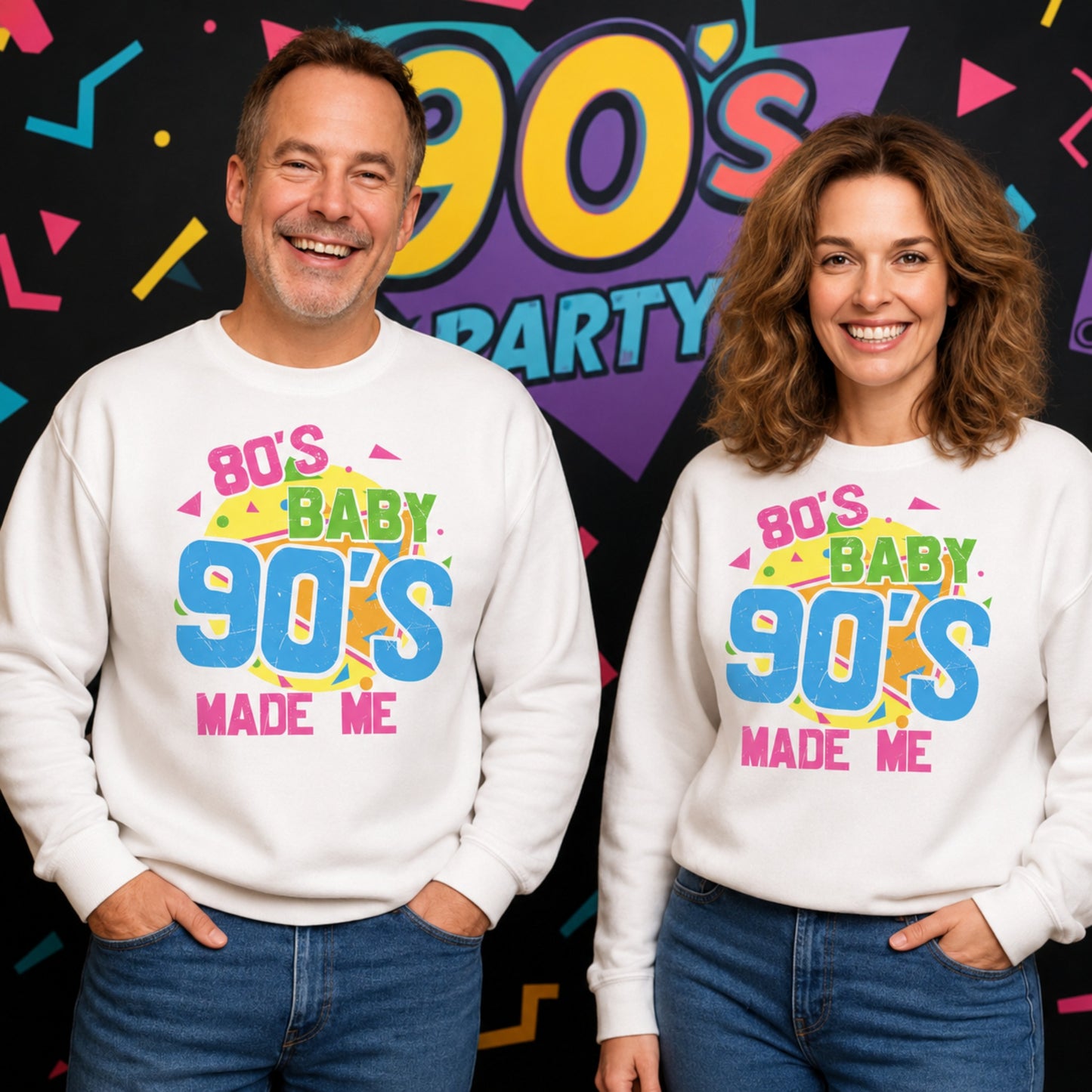 Man and women wearing matching 80s Baby 90s Made Me sweatshirts featuring colorful retro graphics at a 90s themed party. Nostalgic unisex crewneck for millennials and 90s kids.