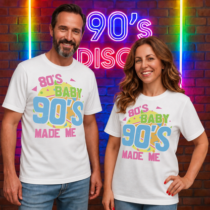 Man and woman wearing 80s Baby 90s Made Me retro nostalgia graphic t-shirts in a colorful 90s-themed setting