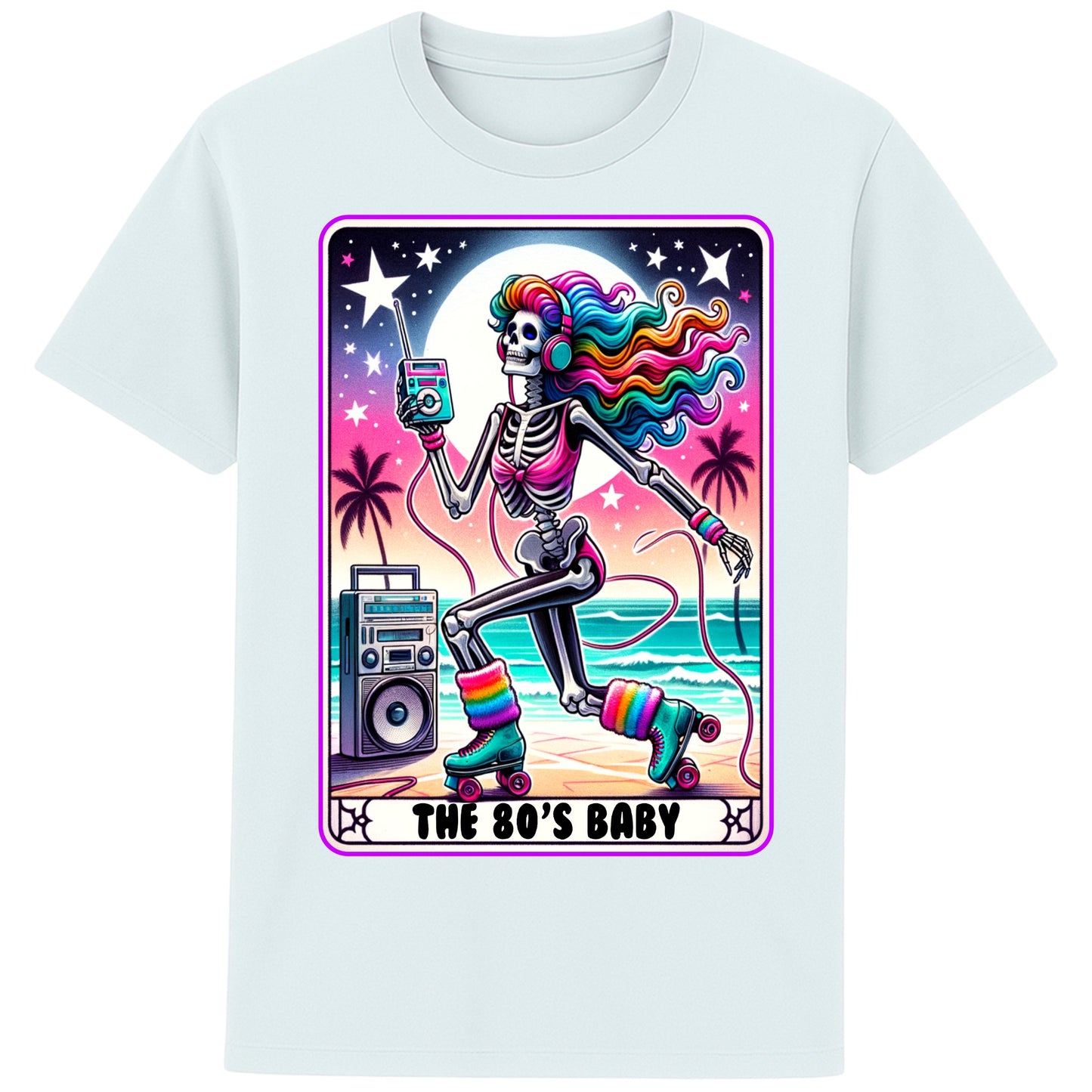 A blue ice colour 80s Baby retro graphic T-shirt featuring a colourful neon skeleton on roller skates with rainbow hair, vintage headphones, cassette player, boombox, and sunset background, perfect for 80s nostalgia lovers and retro fashion.
