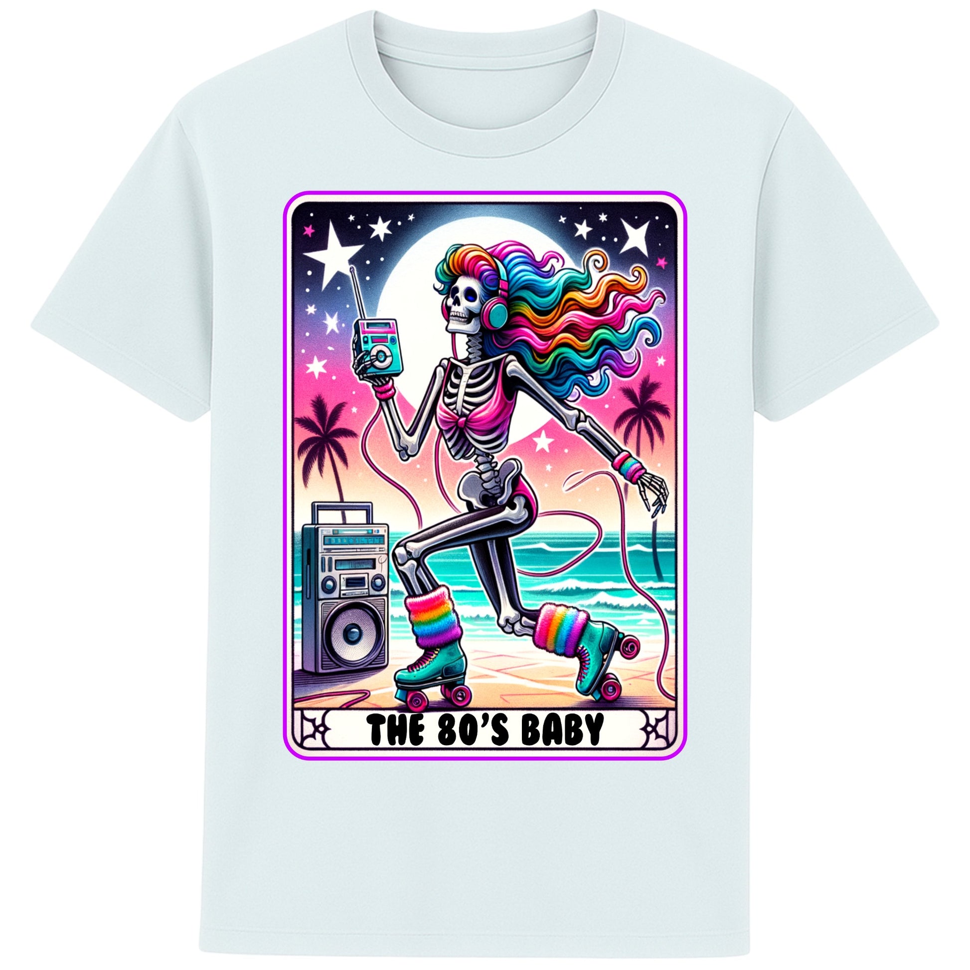A blue ice colour 80s Baby retro graphic T-shirt featuring a colourful neon skeleton on roller skates with rainbow hair, vintage headphones, cassette player, boombox, and sunset background, perfect for 80s nostalgia lovers and retro fashion.