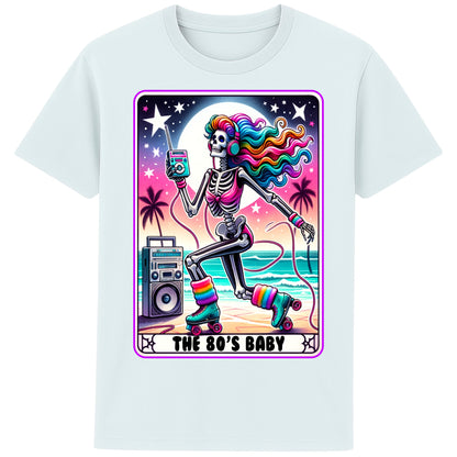 A blue ice colour 80s Baby retro graphic T-shirt featuring a colourful neon skeleton on roller skates with rainbow hair, vintage headphones, cassette player, boombox, and sunset background, perfect for 80s nostalgia lovers and retro fashion.
