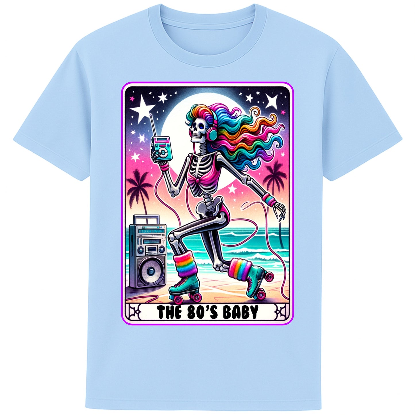 A blue 80s Baby retro graphic T-shirt featuring a colourful neon skeleton on roller skates with rainbow hair, vintage headphones, cassette player, boombox, and sunset background, perfect for 80s nostalgia lovers and retro fashion.