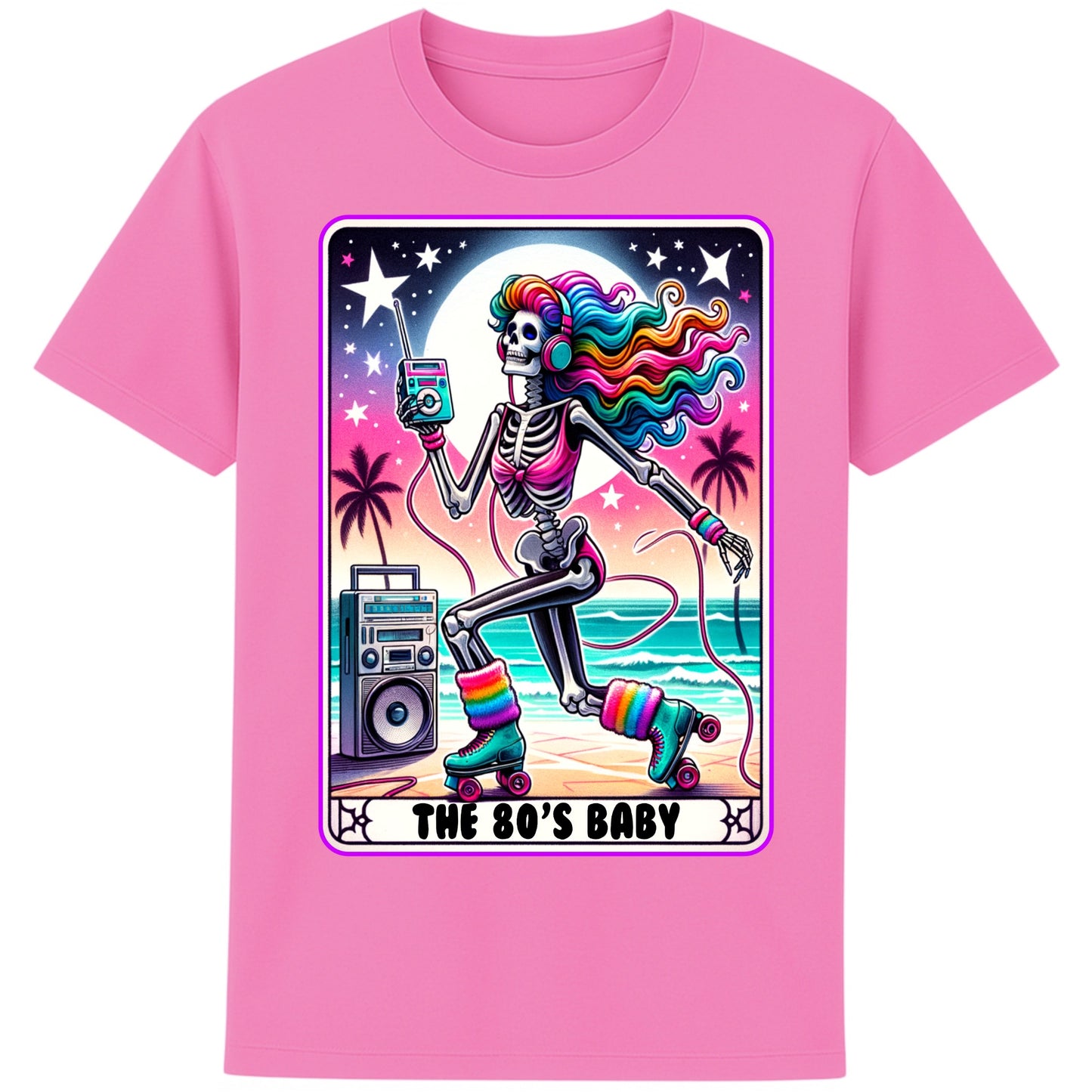 A pink 80s Baby retro graphic T-shirt featuring a colourful neon skeleton on roller skates with rainbow hair, vintage headphones, cassette player, boombox, and sunset background, perfect for 80s nostalgia lovers and retro fashion.