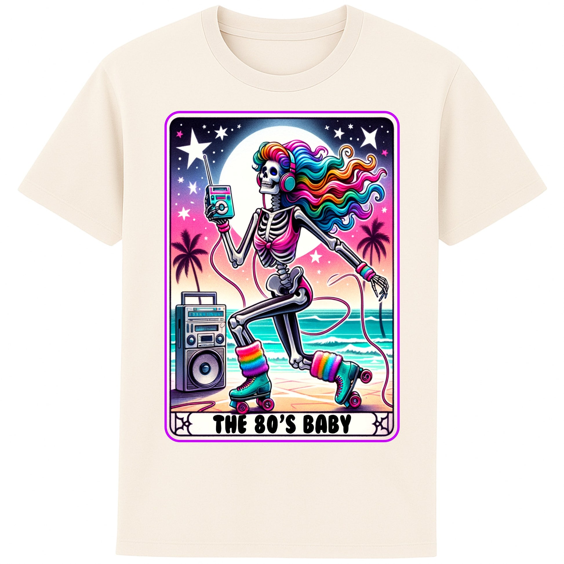 A naturel colour 80s Baby retro graphic T-shirt featuring a colourful neon skeleton on roller skates with rainbow hair, vintage headphones, cassette player, boombox, and sunset background, perfect for 80s nostalgia lovers and retro fashion.
