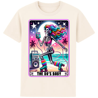 A naturel colour 80s Baby retro graphic T-shirt featuring a colourful neon skeleton on roller skates with rainbow hair, vintage headphones, cassette player, boombox, and sunset background, perfect for 80s nostalgia lovers and retro fashion.