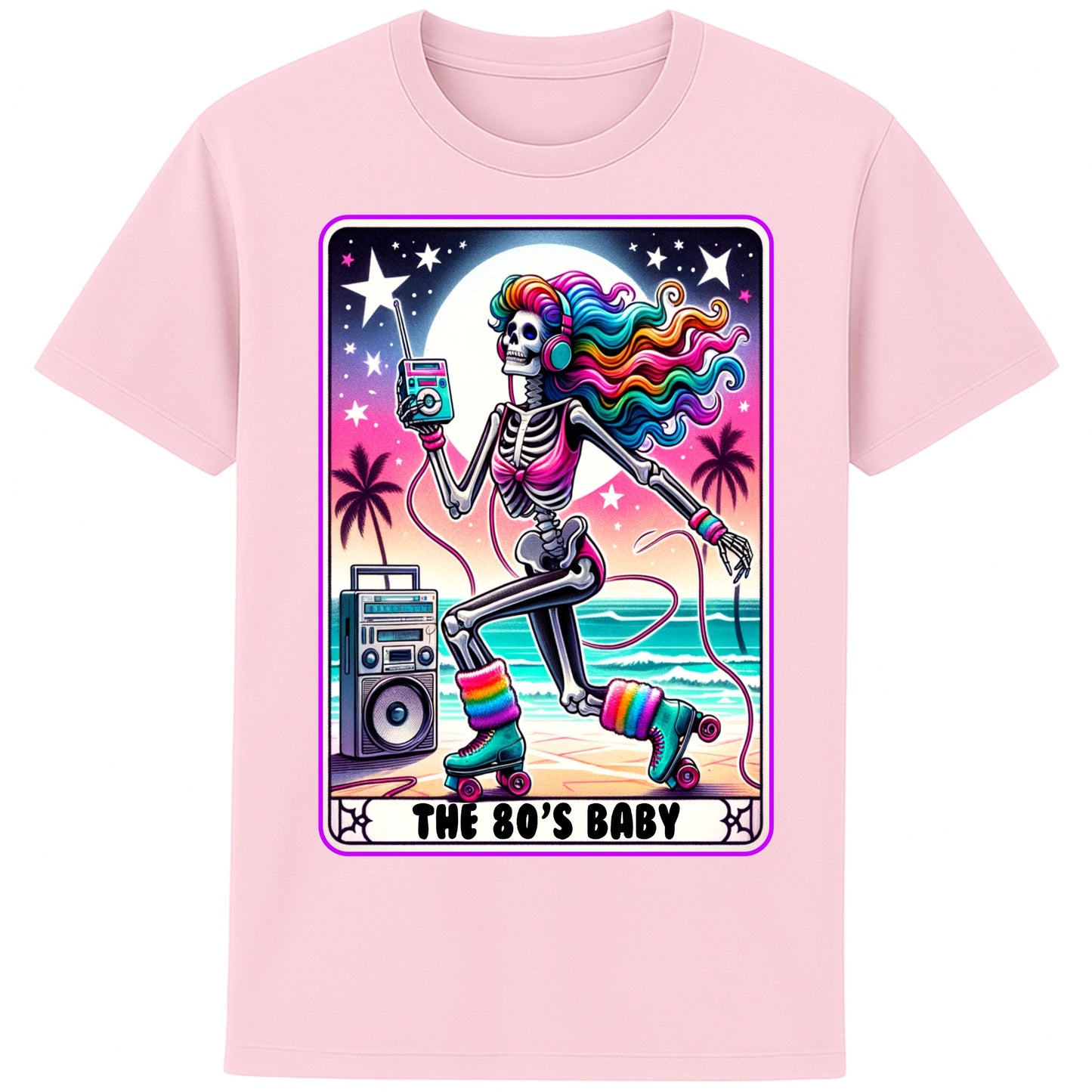 A pink 80s Baby retro graphic T-shirt featuring a colourful neon skeleton on roller skates with rainbow hair, vintage headphones, cassette player, boombox, and sunset background, perfect for 80s nostalgia lovers and retro fashion.