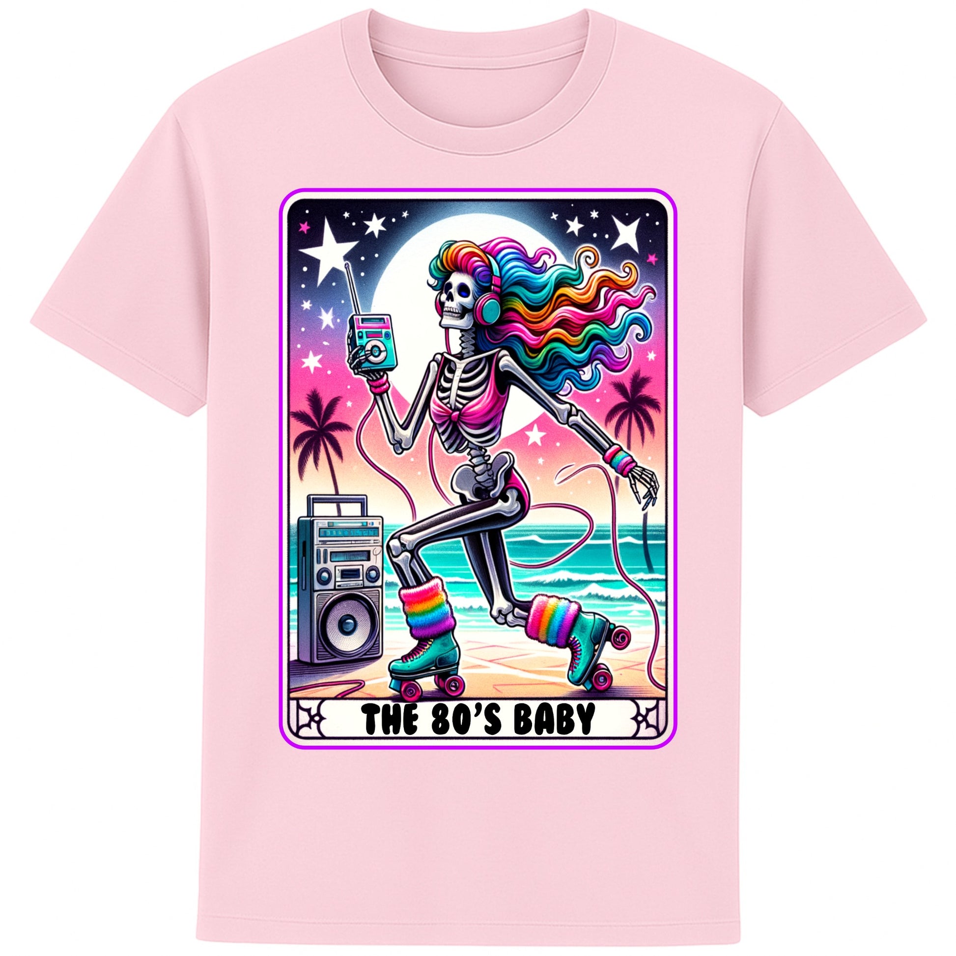 A pink 80s Baby retro graphic T-shirt featuring a colourful neon skeleton on roller skates with rainbow hair, vintage headphones, cassette player, boombox, and sunset background, perfect for 80s nostalgia lovers and retro fashion.
