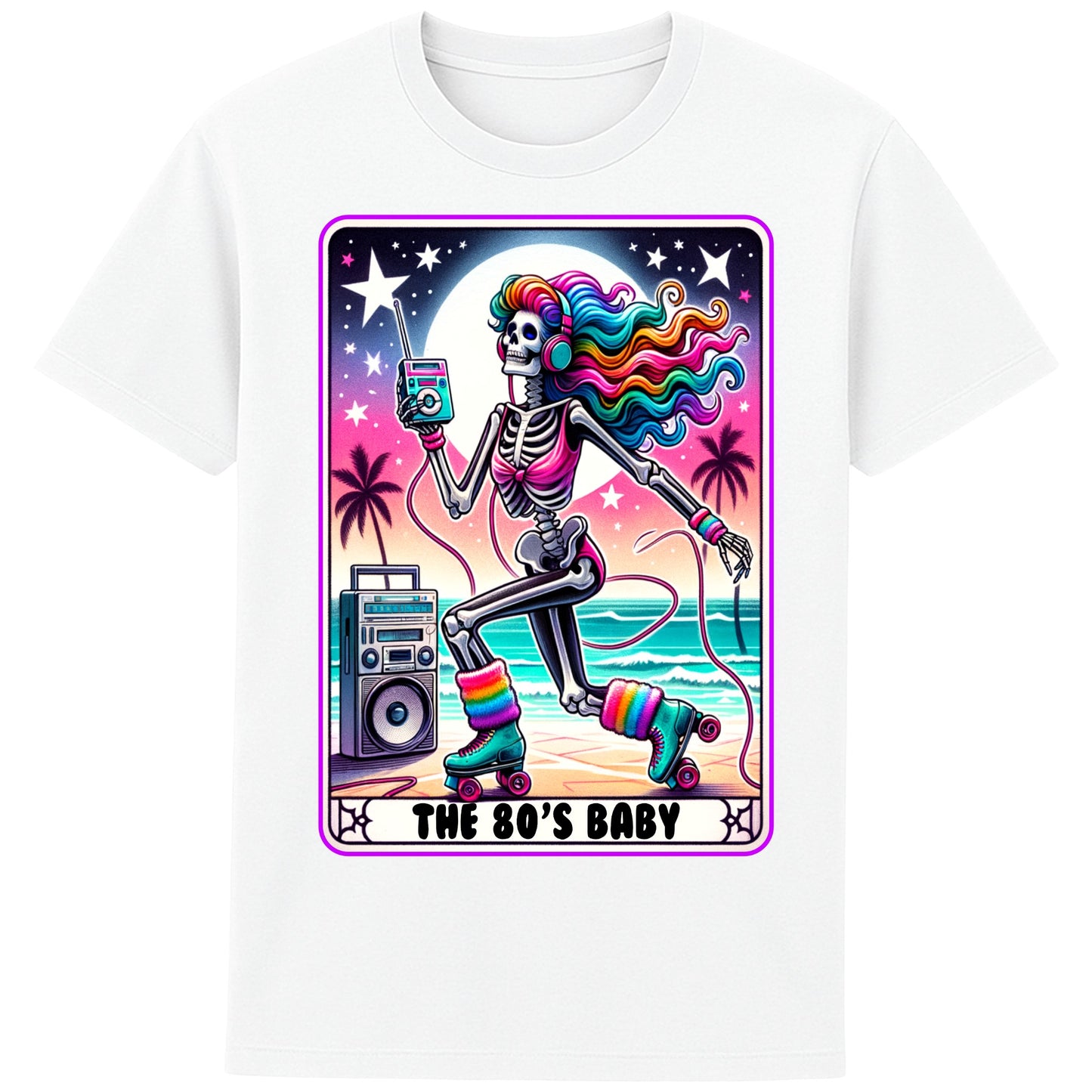 A white 80s Baby retro graphic T-shirt featuring a colourful neon skeleton on roller skates with rainbow hair, vintage headphones, cassette player, boombox, and sunset background, perfect for 80s nostalgia lovers and retro fashion.