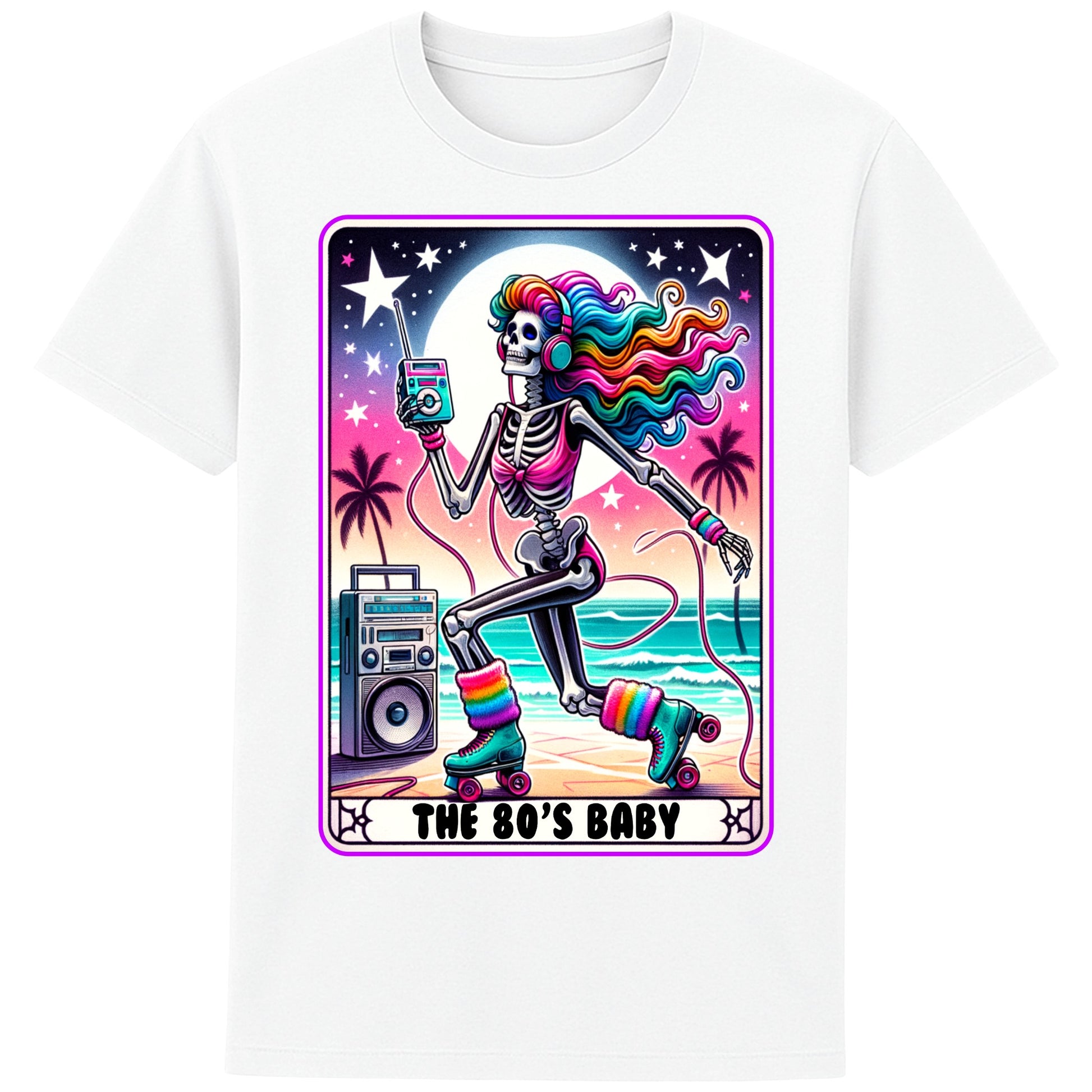 A white 80s Baby retro graphic T-shirt featuring a colourful neon skeleton on roller skates with rainbow hair, vintage headphones, cassette player, boombox, and sunset background, perfect for 80s nostalgia lovers and retro fashion.