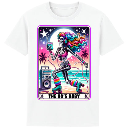 A white 80s Baby retro graphic T-shirt featuring a colourful neon skeleton on roller skates with rainbow hair, vintage headphones, cassette player, boombox, and sunset background, perfect for 80s nostalgia lovers and retro fashion.