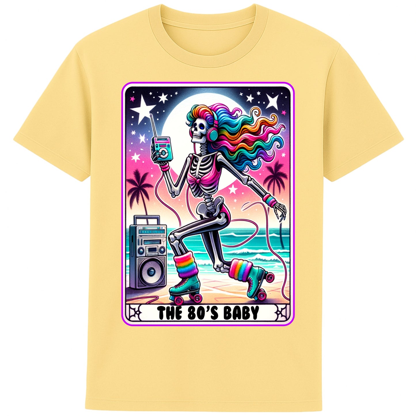 A yellow 80s Baby retro graphic T-shirt featuring a colourful neon skeleton on roller skates with rainbow hair, vintage headphones, cassette player, boombox, and sunset background, perfect for 80s nostalgia lovers and retro fashion.