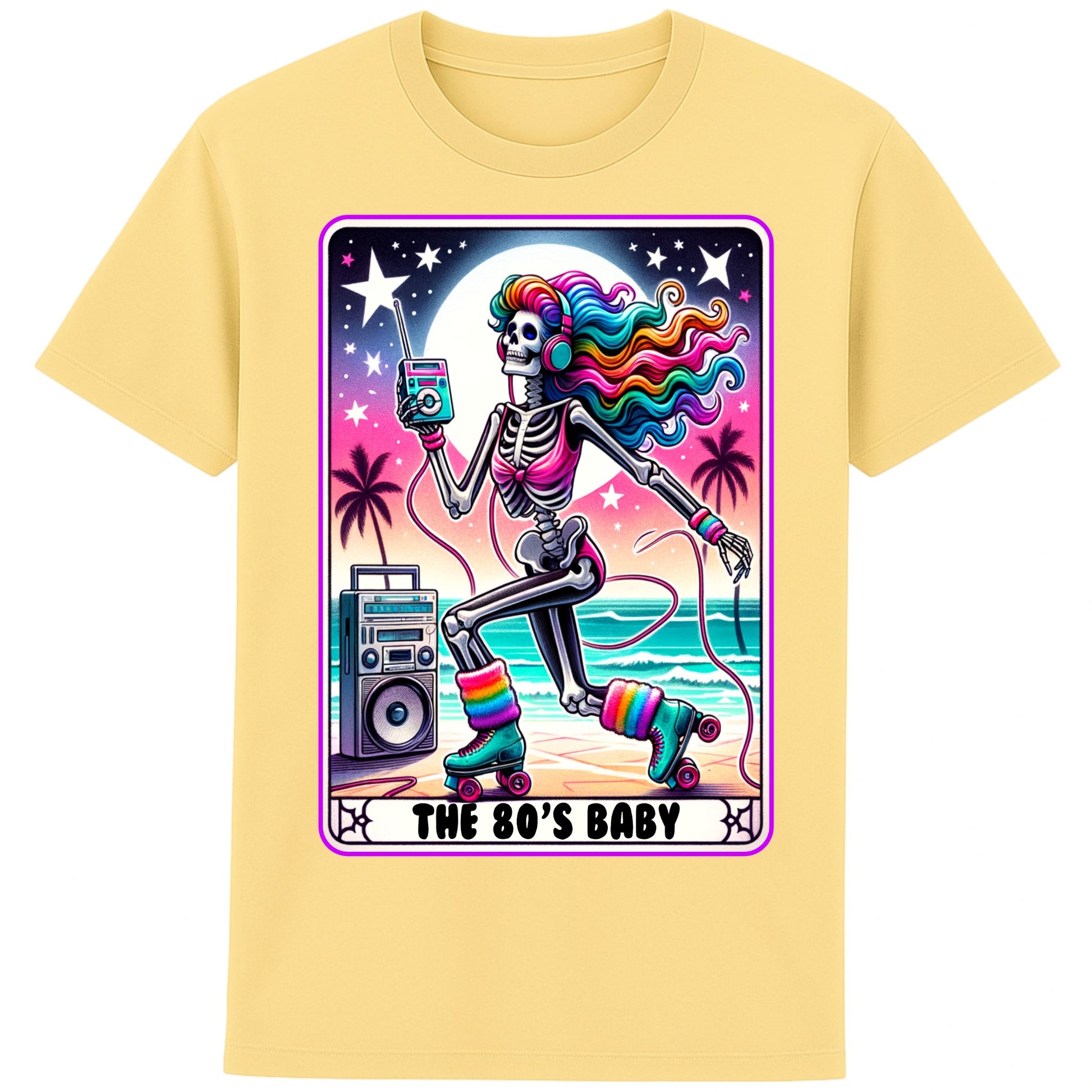A yellow 80s Baby retro graphic T-shirt featuring a colourful neon skeleton on roller skates with rainbow hair, vintage headphones, cassette player, boombox, and sunset background, perfect for 80s nostalgia lovers and retro fashion.