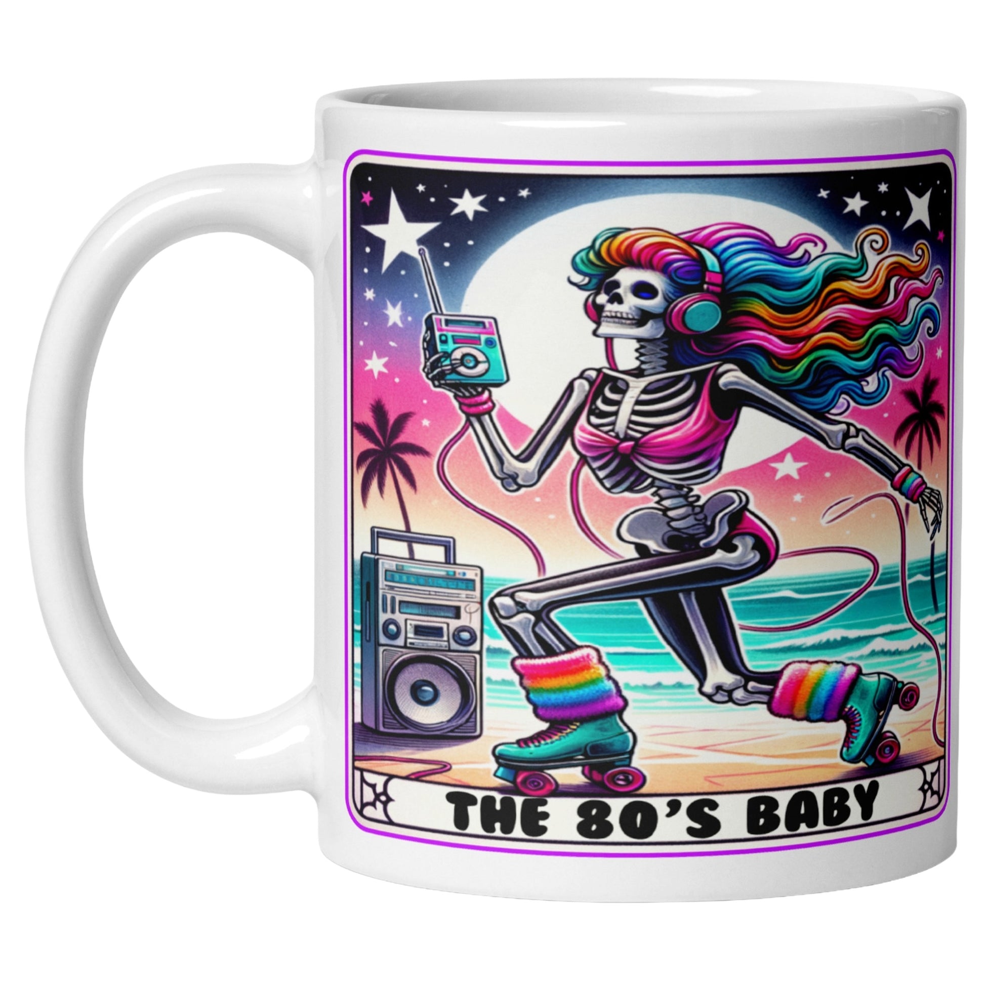 80s Baby Skeleton retro coffee mug featuring a colourful neon skeleton on roller skates with rainbow hair, vintage headphones, cassette player, boombox, and tropical sunset artwork. Funny retro coffee mug for 80s lovers, nostalgia fans, and vintage style enthusiasts.