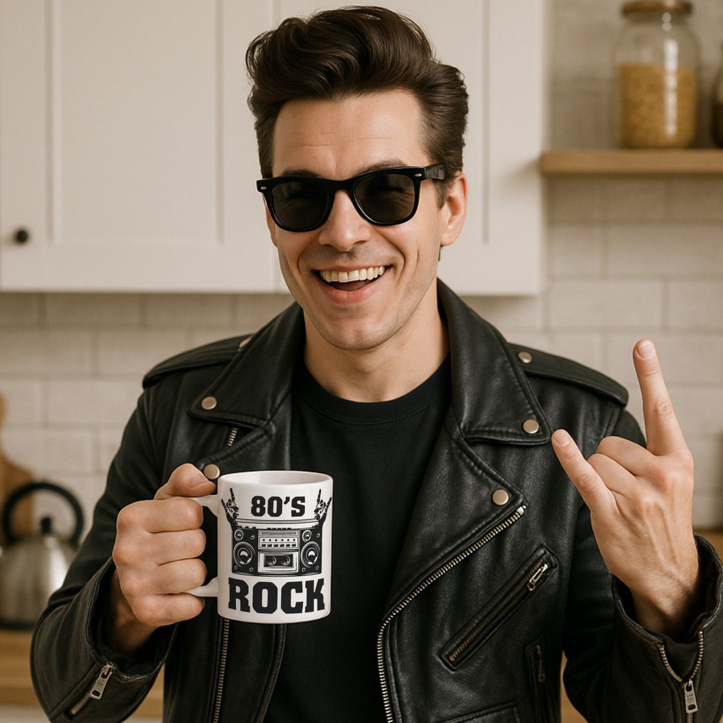 Man in a kitchen wearing sunglasses and a leather jacket, holding a '80s Rock' mug.