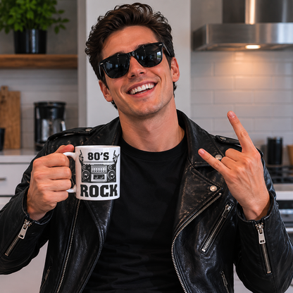 Smiling man wearing a black leather jacket and sunglasses holding an 80s Rock Mug featuring a retro boombox design and bold vintage lettering. A retro coffee mug, music lover gift, and classic rock gift for 80s fans.