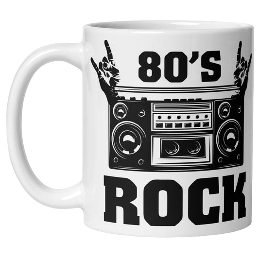 White ceramic 80s rock mug featuring a retro boombox, rock hand signs, and bold vintage lettering. A funny retro coffee mug and classic rock gift for music lovers, rock fans, and 80s enthusiasts.