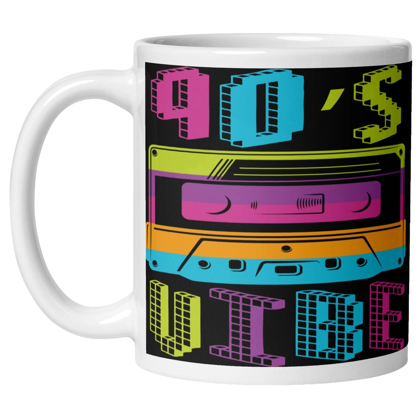 Colourful 90s Vibe coffee mug featuring a vibrant retro cassette tape design with bold vintage colours, perfect for music lovers, nostalgia fans, and retro coffee mug collectors.