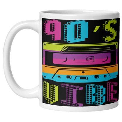 Colourful 90s Vibe coffee mug featuring a vibrant retro cassette tape design with bold vintage colours, perfect for music lovers, nostalgia fans, and retro coffee mug collectors.