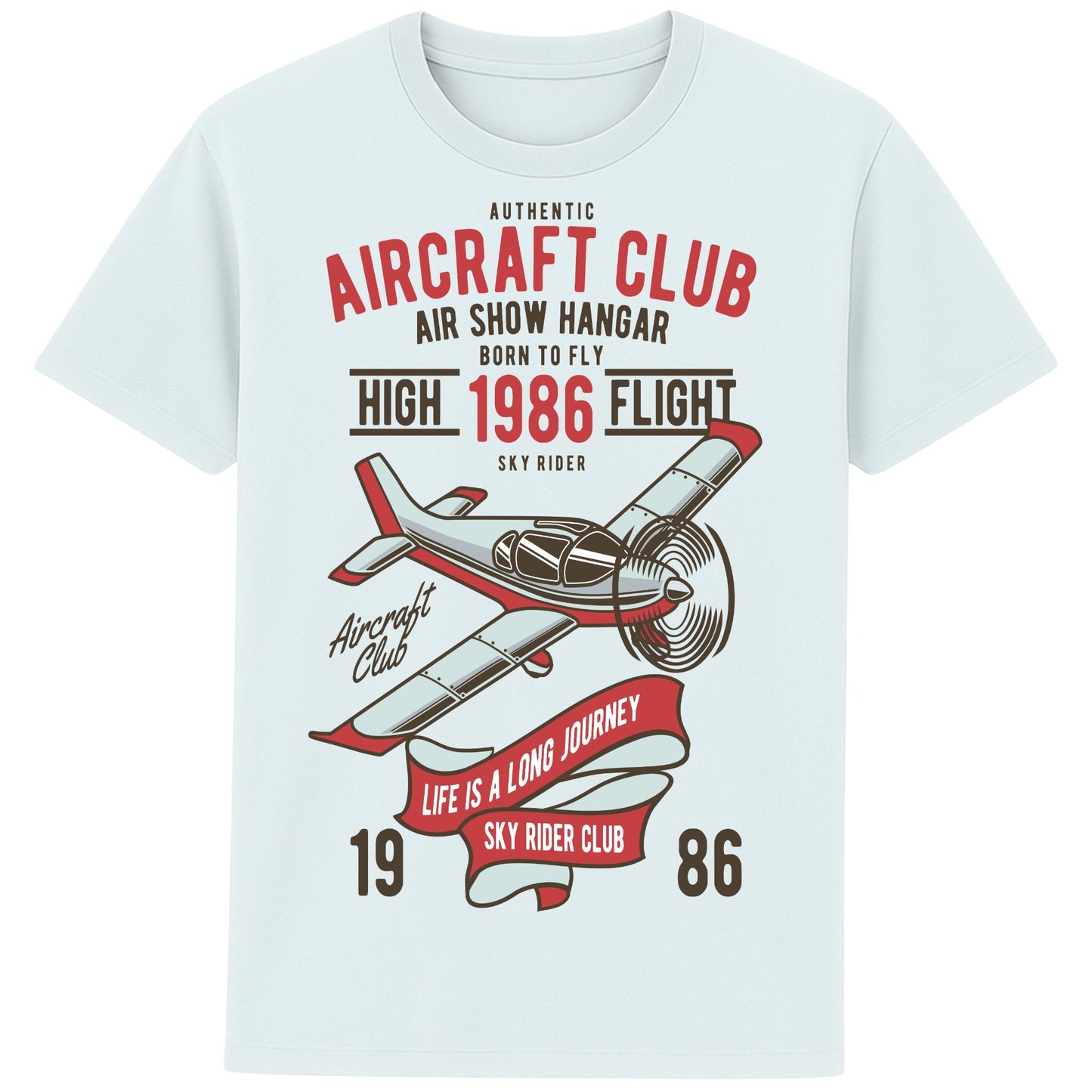 Blue Ice Colour Aircraft Club T-Shirt featuring a vintage propeller aircraft with distressed flying club artwork in retro aviation style, designed for pilots, plane spotters, and aviation enthusiasts.