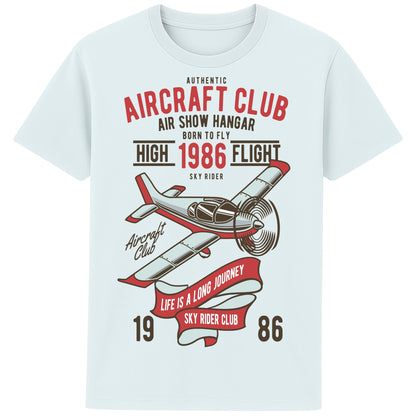 Blue Ice Colour Aircraft Club T-Shirt featuring a vintage propeller aircraft with distressed flying club artwork in retro aviation style, designed for pilots, plane spotters, and aviation enthusiasts.