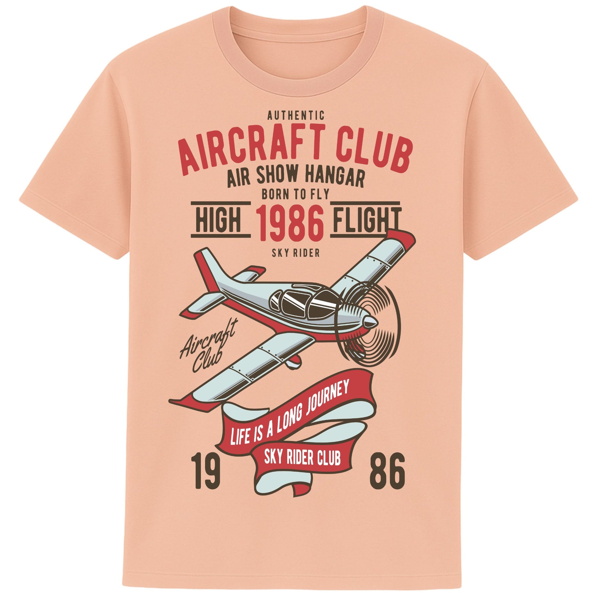Fraiche Peche Colour Aircraft Club T-Shirt featuring a vintage propeller aircraft with distressed flying club artwork in retro aviation style, designed for pilots, plane spotters, and aviation enthusiasts.
