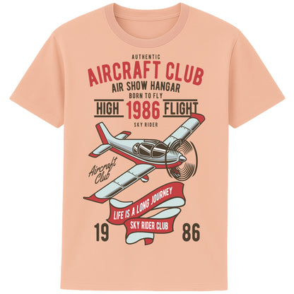 Fraiche Peche Colour Aircraft Club T-Shirt featuring a vintage propeller aircraft with distressed flying club artwork in retro aviation style, designed for pilots, plane spotters, and aviation enthusiasts.