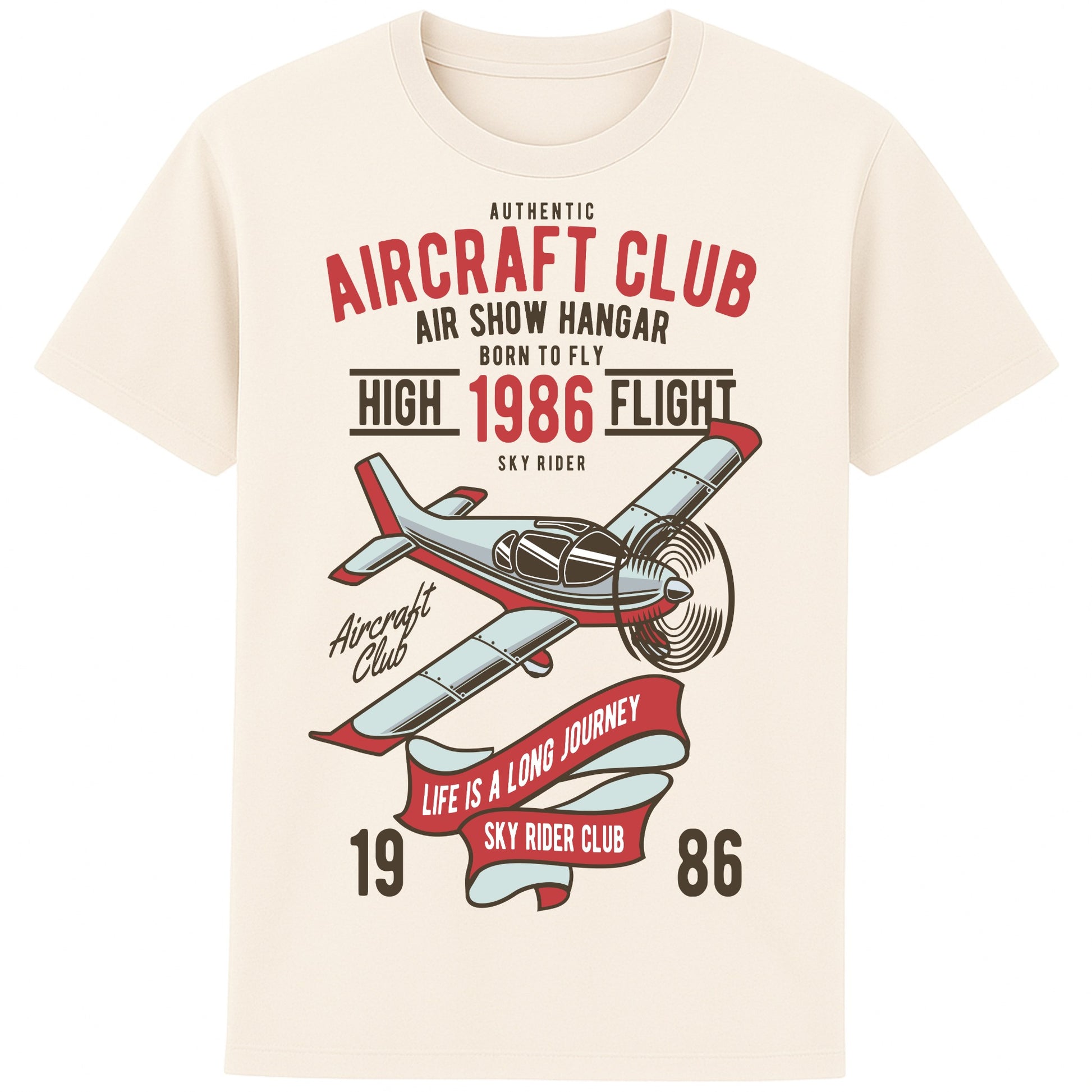 Naturel Colour Aircraft Club T-Shirt featuring a vintage propeller aircraft with distressed flying club artwork in retro aviation style, designed for pilots, plane spotters, and aviation enthusiasts.