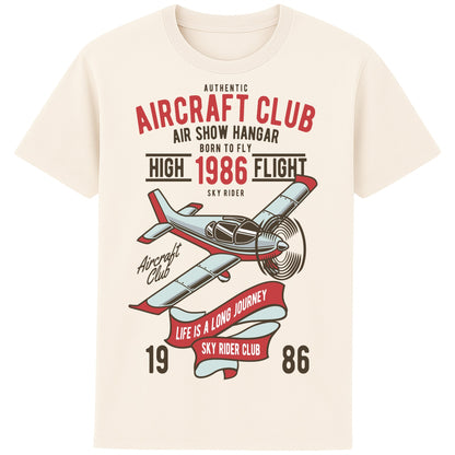 Naturel Colour Aircraft Club T-Shirt featuring a vintage propeller aircraft with distressed flying club artwork in retro aviation style, designed for pilots, plane spotters, and aviation enthusiasts.