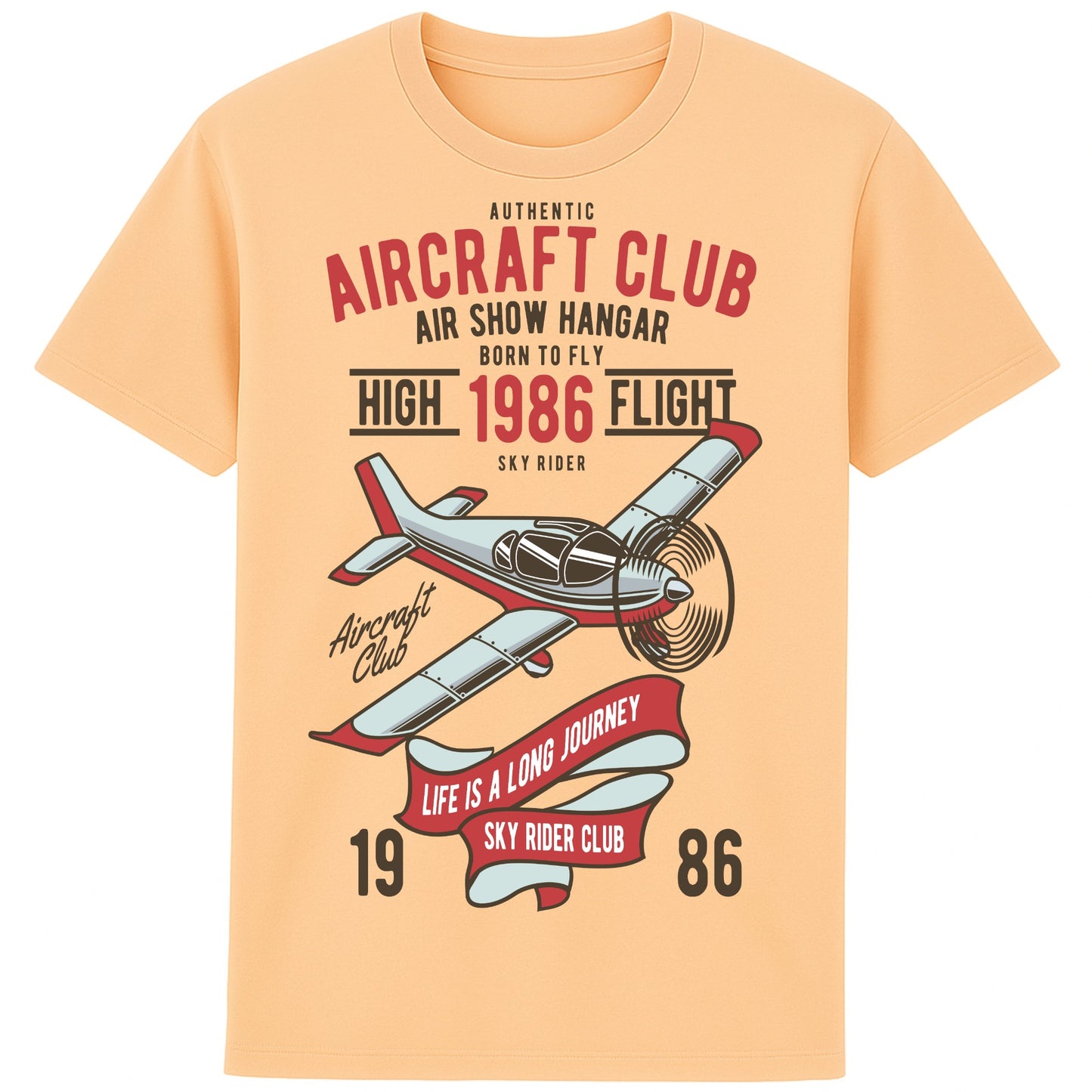 Nispresso Colour Aircraft Club T-Shirt featuring a vintage propeller aircraft with distressed flying club artwork in retro aviation style, designed for pilots, plane spotters, and aviation enthusiasts.