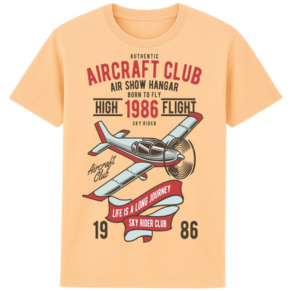 Nispresso Colour Aircraft Club T-Shirt featuring a vintage propeller aircraft with distressed flying club artwork in retro aviation style, designed for pilots, plane spotters, and aviation enthusiasts.