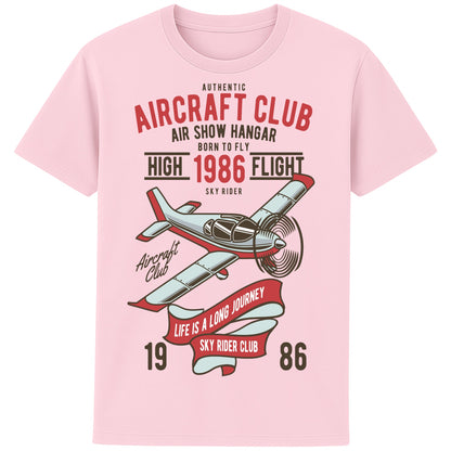 Pink Aircraft Club T-Shirt featuring a vintage propeller aircraft with distressed flying club artwork in retro aviation style, designed for pilots, plane spotters, and aviation enthusiasts.