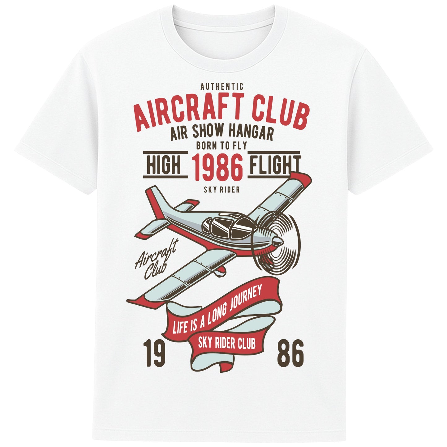White Aircraft Club T-Shirt featuring a vintage propeller aircraft with distressed flying club artwork in retro aviation style, designed for pilots, plane spotters, and aviation enthusiasts.