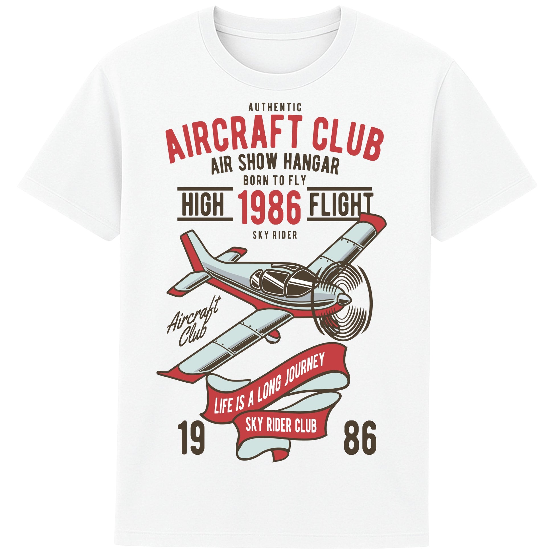 White Aircraft Club T-Shirt featuring a vintage propeller aircraft with distressed flying club artwork in retro aviation style, designed for pilots, plane spotters, and aviation enthusiasts.