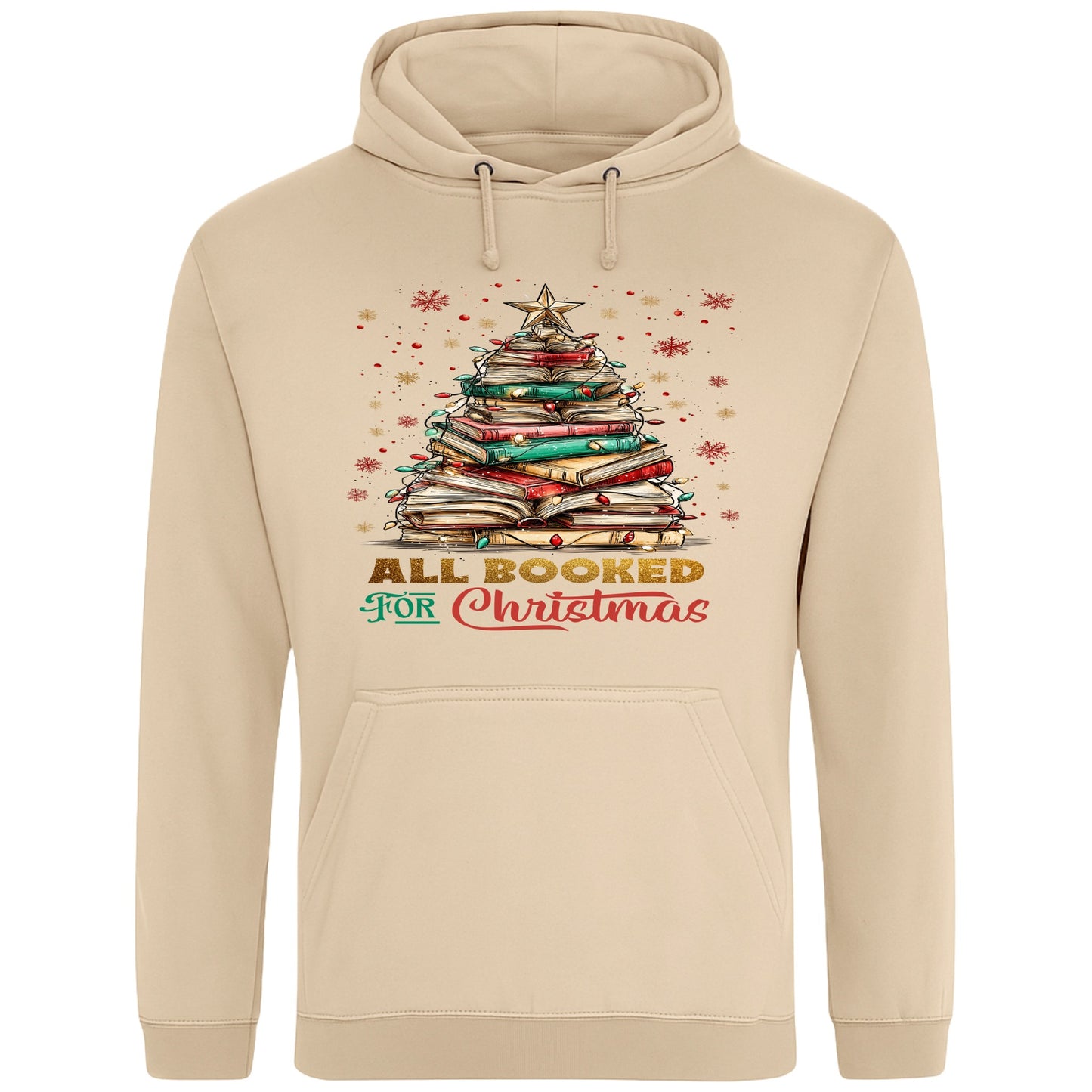 Nude All Booked For Christmas hoodie featuring a Christmas tree made from stacked books with festive lights and a golden star, a cosy Christmas book lover hoodie for readers, bookworms, librarians, and holiday reading.