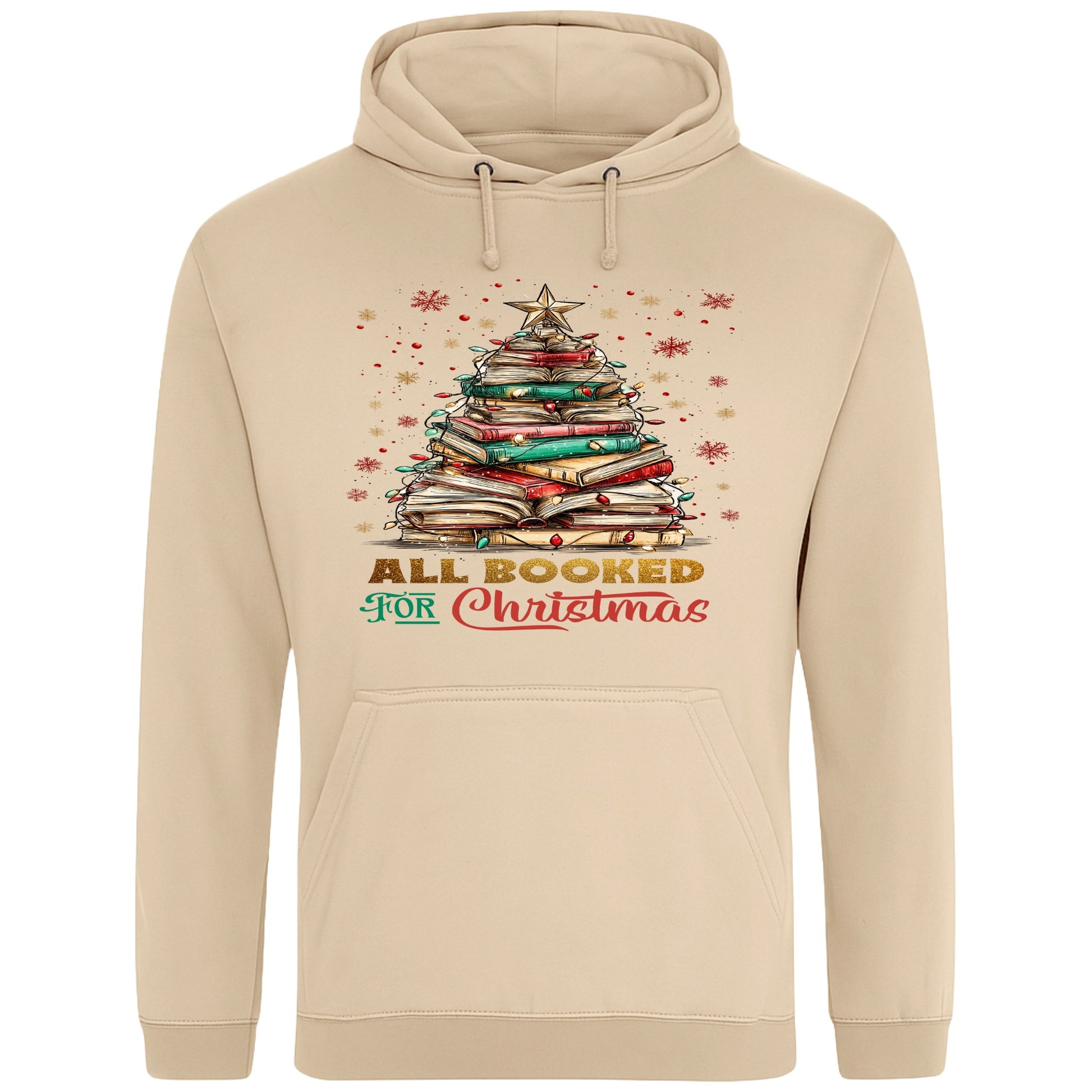 Nude All Booked For Christmas hoodie featuring a Christmas tree made from stacked books with festive lights and a golden star, a cosy Christmas book lover hoodie for readers, bookworms, librarians, and holiday reading.