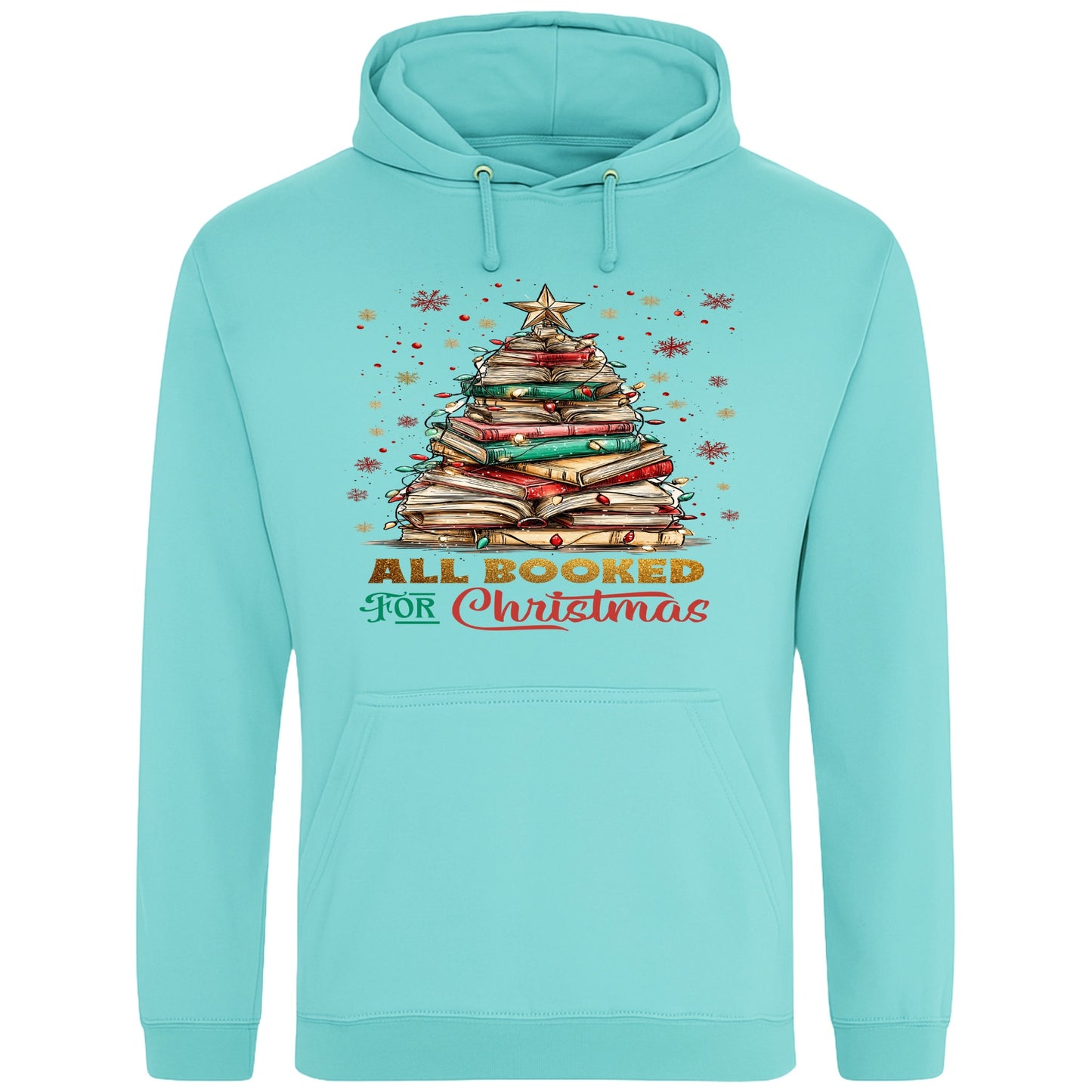 Peppermint All Booked For Christmas hoodie featuring a Christmas tree made from stacked books with festive lights and a golden star, a cosy Christmas book lover hoodie for readers, bookworms, librarians, and holiday reading.