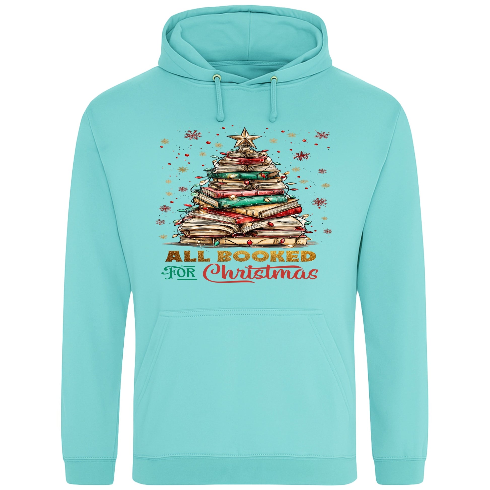 Peppermint All Booked For Christmas hoodie featuring a Christmas tree made from stacked books with festive lights and a golden star, a cosy Christmas book lover hoodie for readers, bookworms, librarians, and holiday reading.