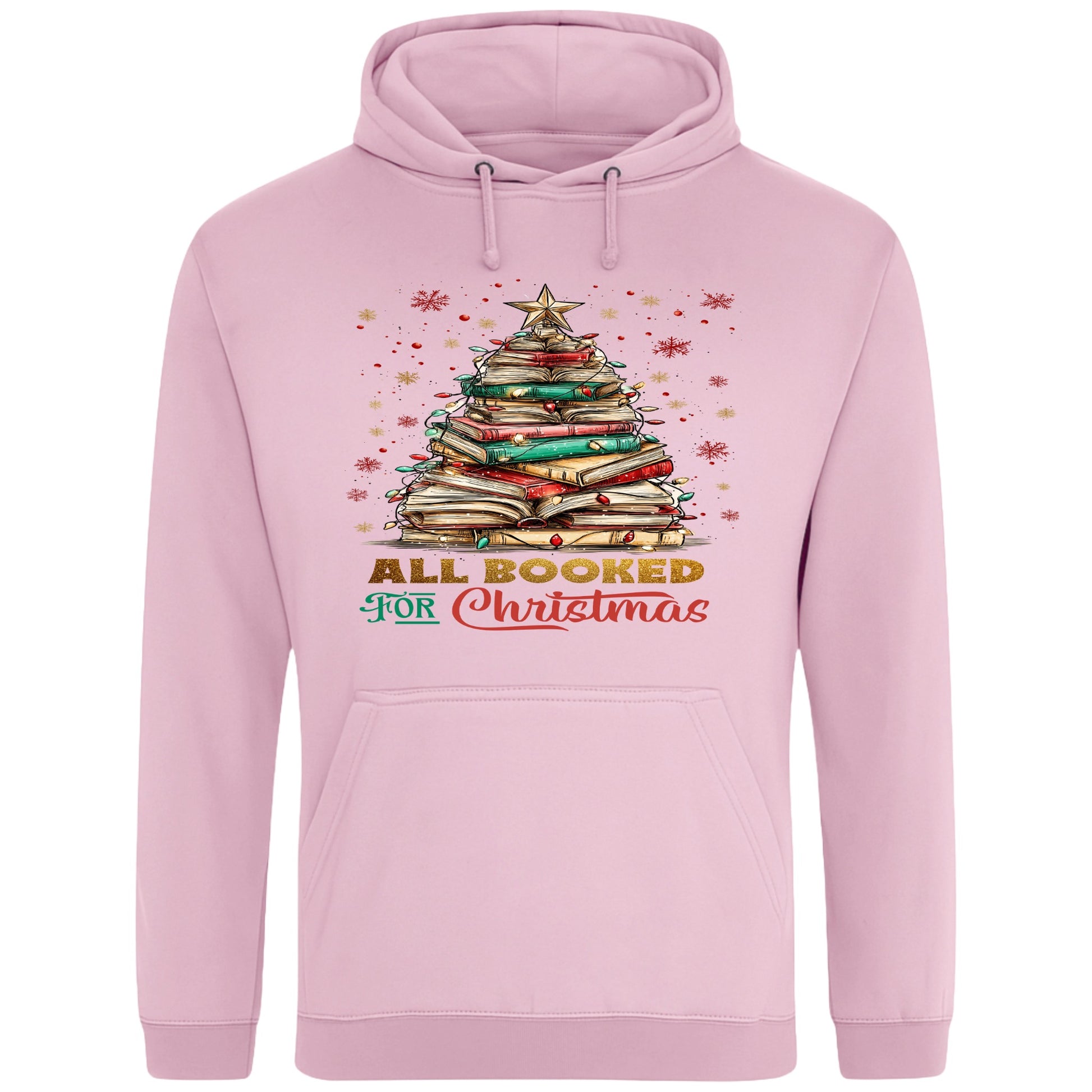 Pink All Booked For Christmas hoodie featuring a Christmas tree made from stacked books with festive lights and a golden star, a cosy Christmas book lover hoodie for readers, bookworms, librarians, and holiday reading.