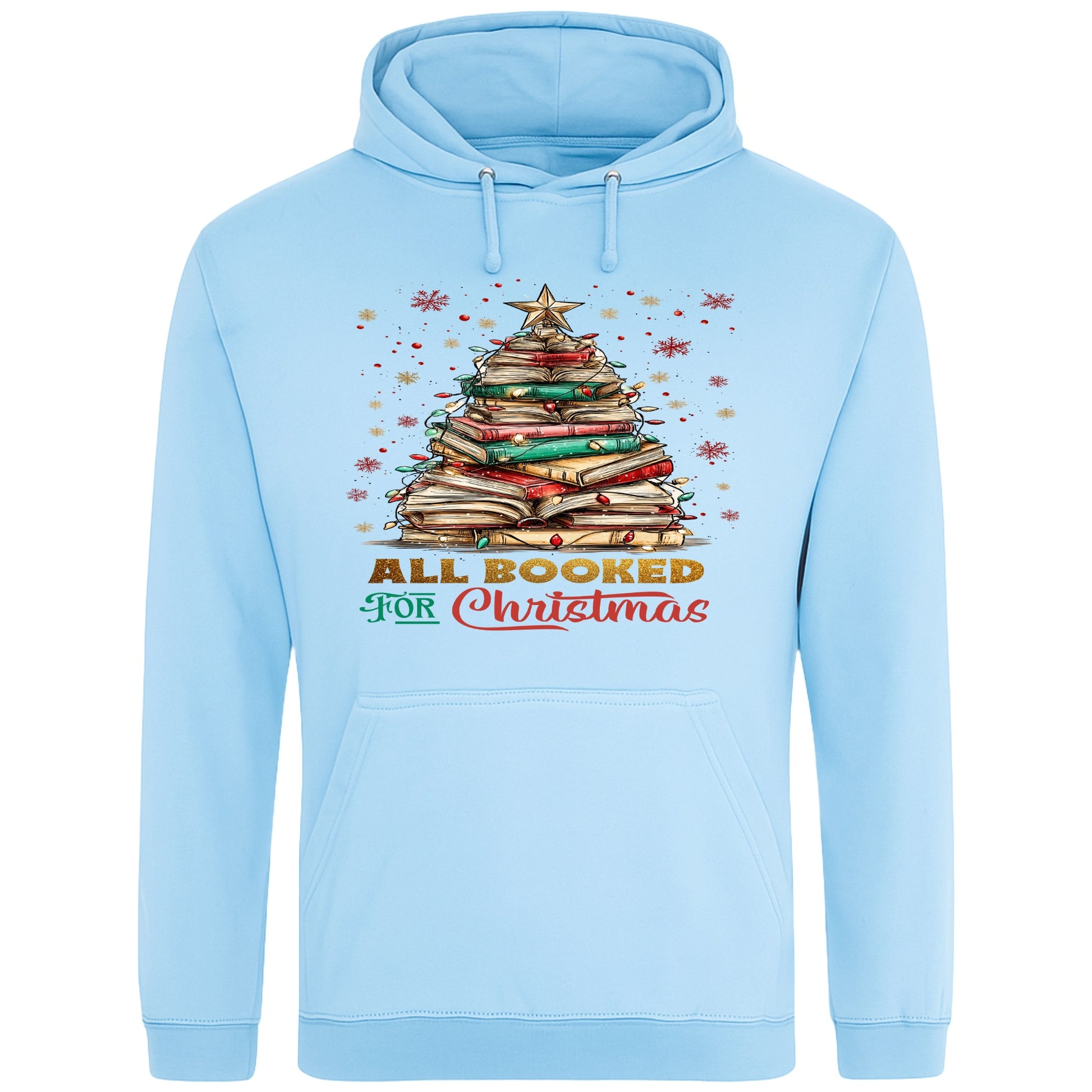 Sky blue All Booked For Christmas hoodie featuring a Christmas tree made from stacked books with festive lights and a golden star, a cosy Christmas book lover hoodie for readers, bookworms, librarians, and holiday reading.