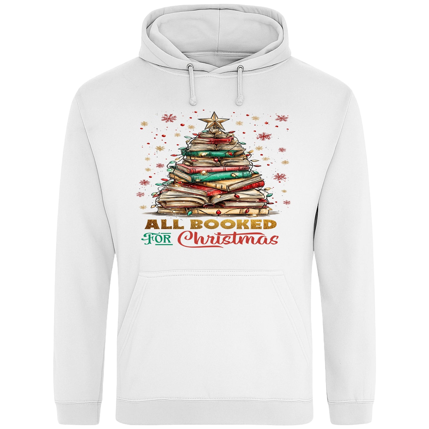 White All Booked For Christmas hoodie featuring a Christmas tree made from stacked books with festive lights and a golden star, a cosy Christmas book lover hoodie for readers, bookworms, librarians, and holiday reading.