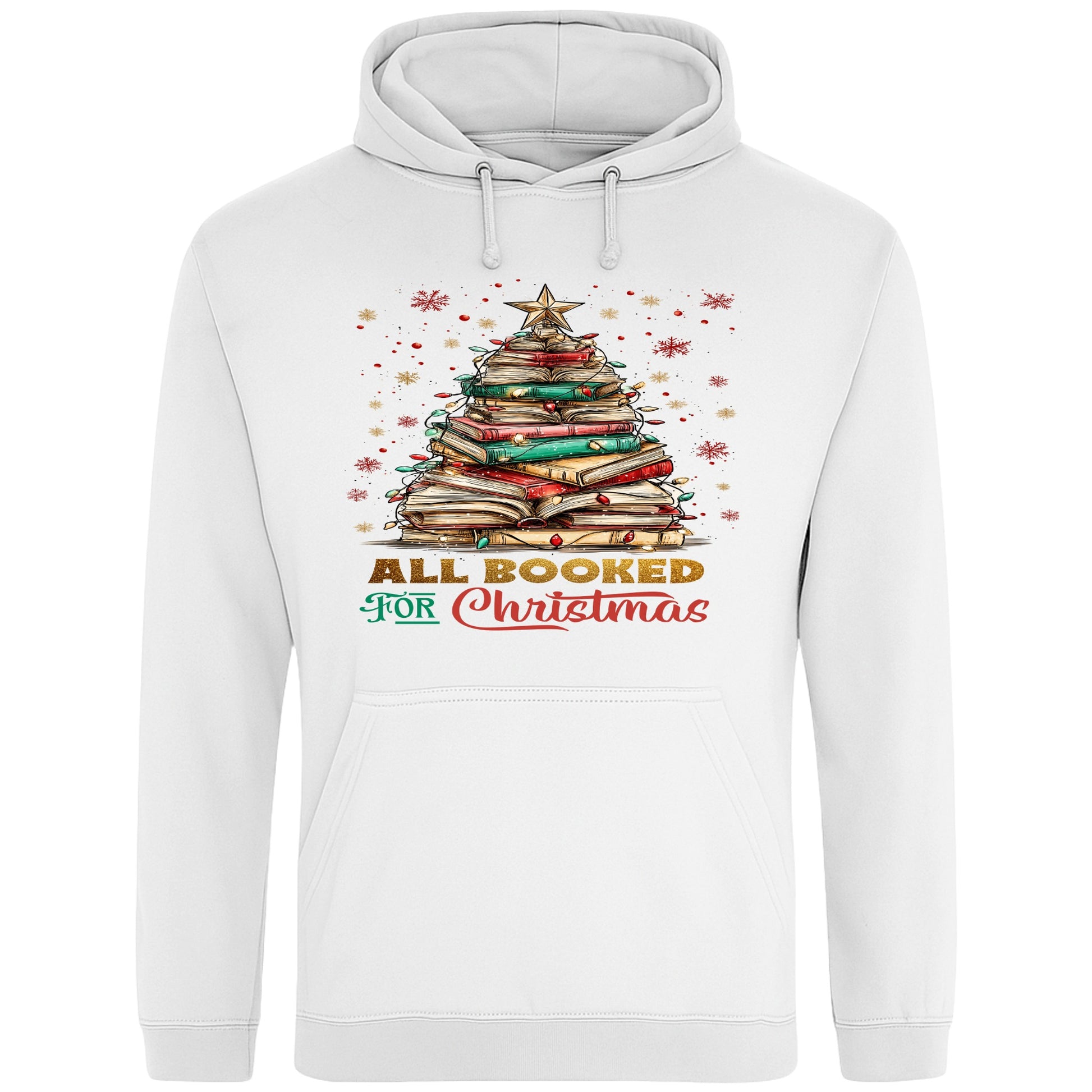 White All Booked For Christmas hoodie featuring a Christmas tree made from stacked books with festive lights and a golden star, a cosy Christmas book lover hoodie for readers, bookworms, librarians, and holiday reading.