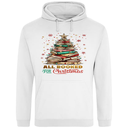 White All Booked For Christmas hoodie featuring a Christmas tree made from stacked books with festive lights and a golden star, a cosy Christmas book lover hoodie for readers, bookworms, librarians, and holiday reading.