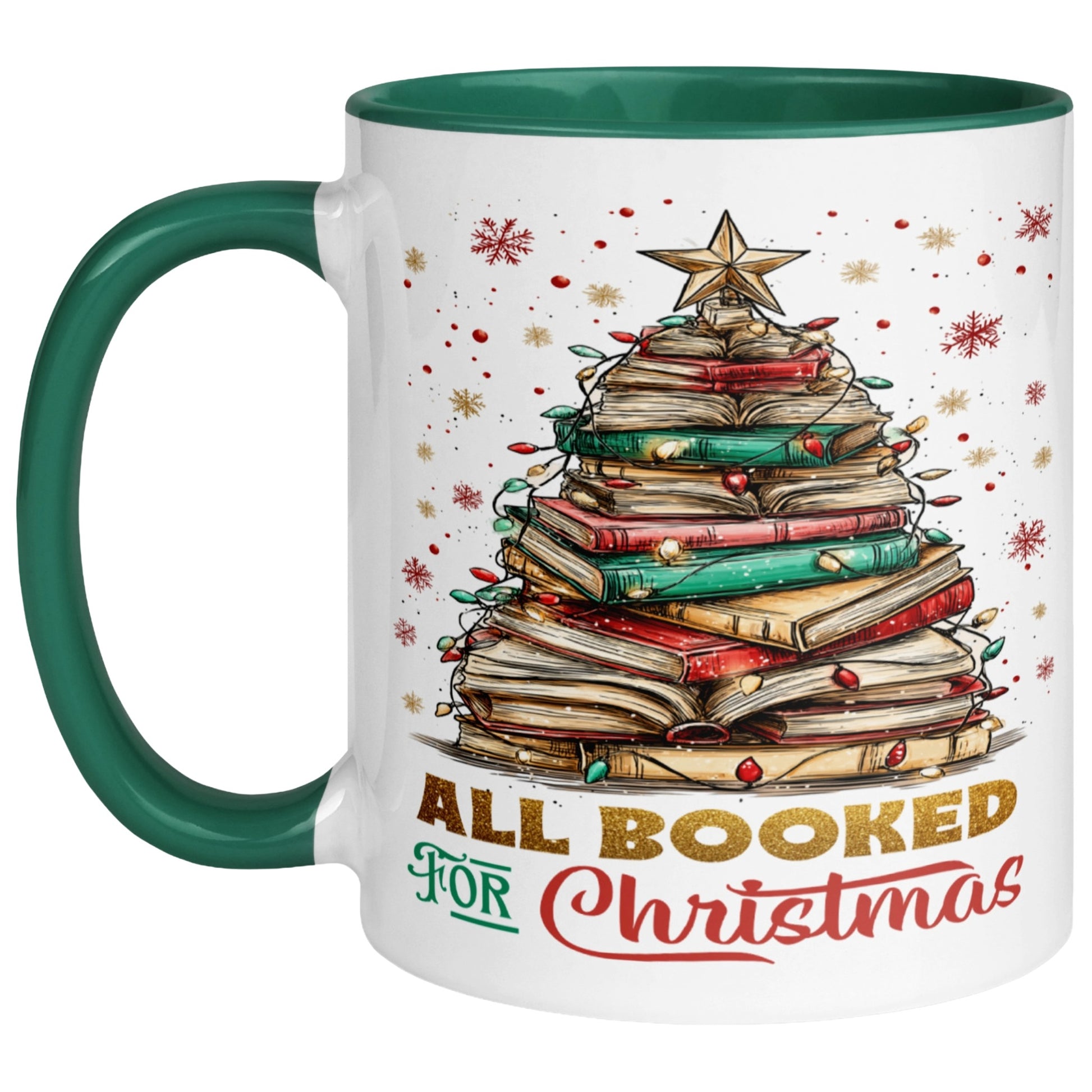 Green handle and interior All Booked For Christmas mug featuring a Christmas tree made from stacked books with festive lights and a golden star, a cosy Christmas book lover mug for readers, bookworms, librarians, and festive reading.