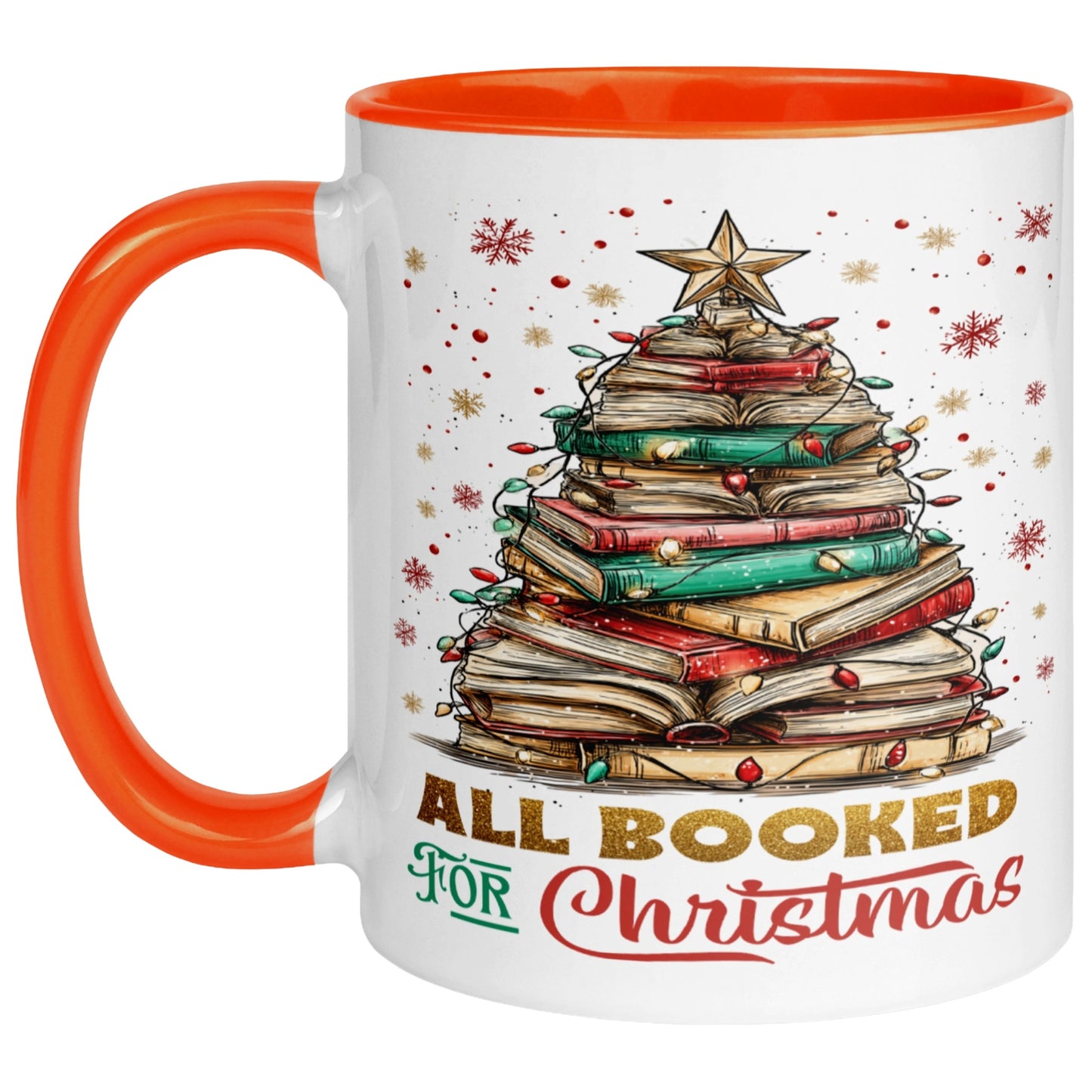 Orange handle and interior All Booked For Christmas mug featuring a Christmas tree made from stacked books with festive lights and a golden star, a cosy Christmas book lover mug for readers, bookworms, librarians, and festive reading.